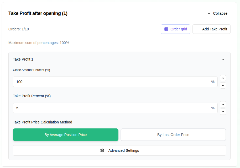 Take profit settings